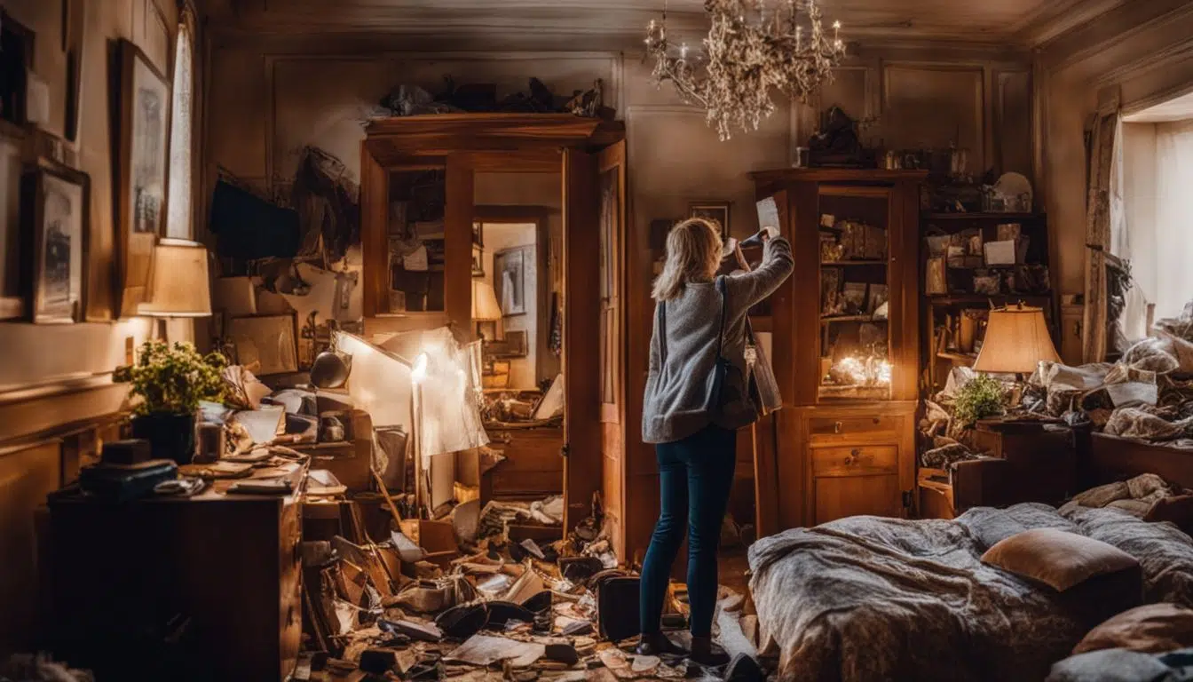 Una mujer busca su teléfono perdido en una habitación desordenada.