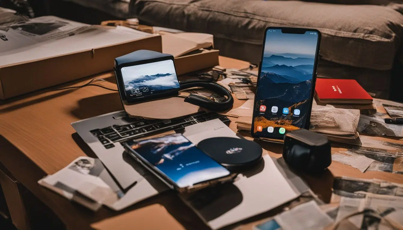 Persona buscando ansiosamente su teléfono Huawei Y9s perdido en una habitación desordenada.