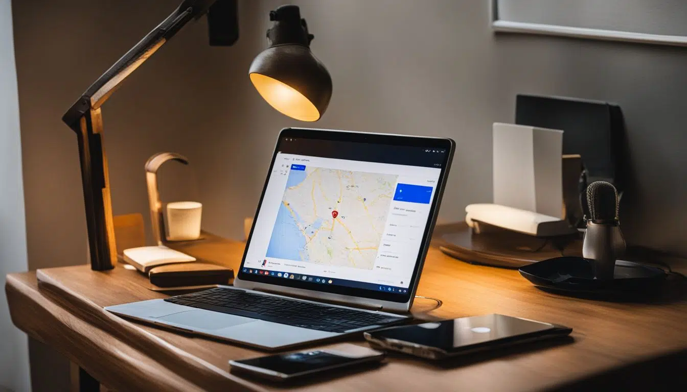 Un teléfono inteligente rastreado por Google Maps en una computadora.