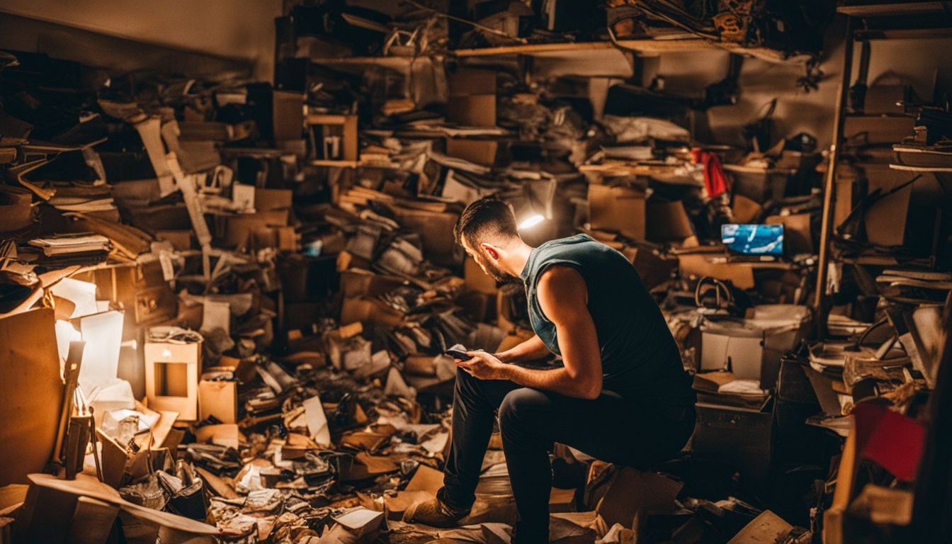 Persona buscando desesperadamente su teléfono Android perdido en una habitación desordenada.