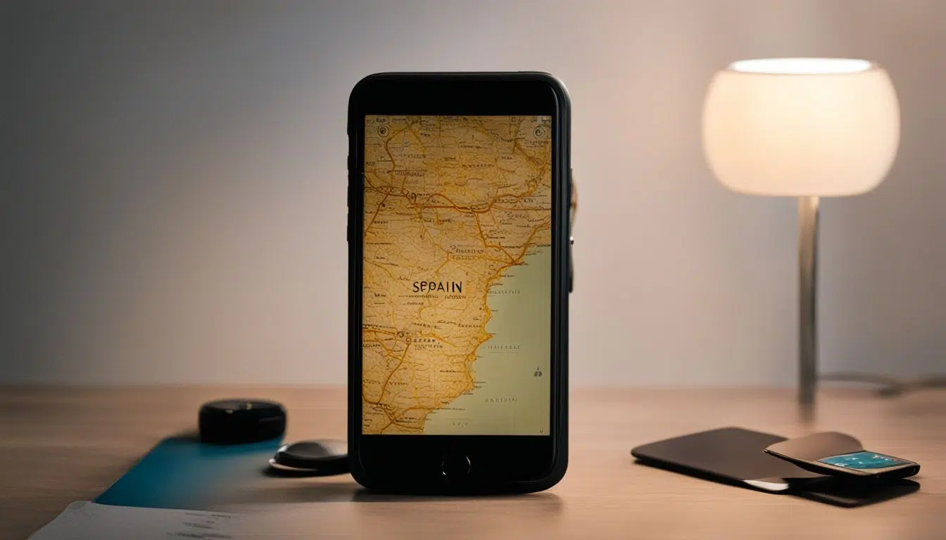 Teléfono con mapa de España y aplicación de GPS activada.