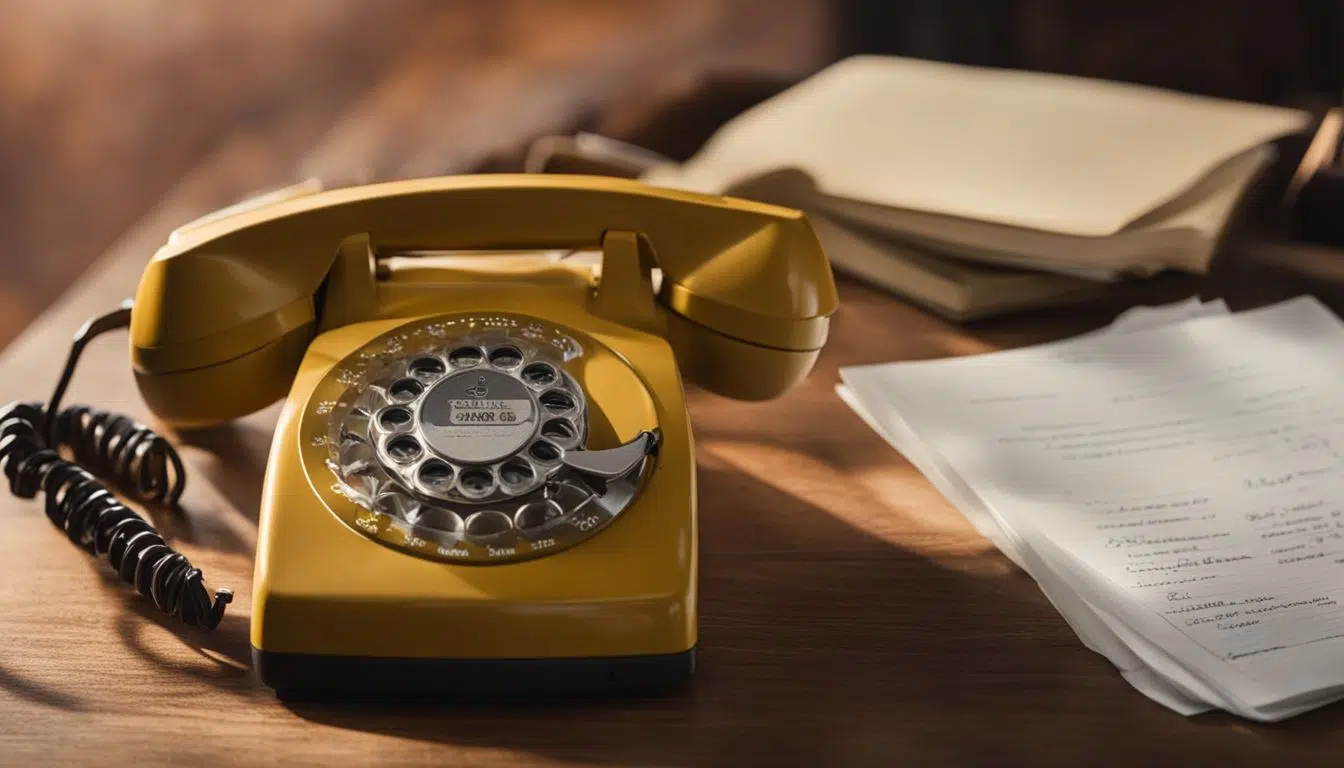 Un teléfono rotativo vintage junto a instrucciones de marcado de 10 dígitos.
