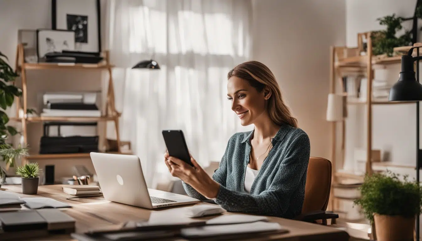 Una mujer sonriente transferiendo fotos de su teléfono a la computadora.