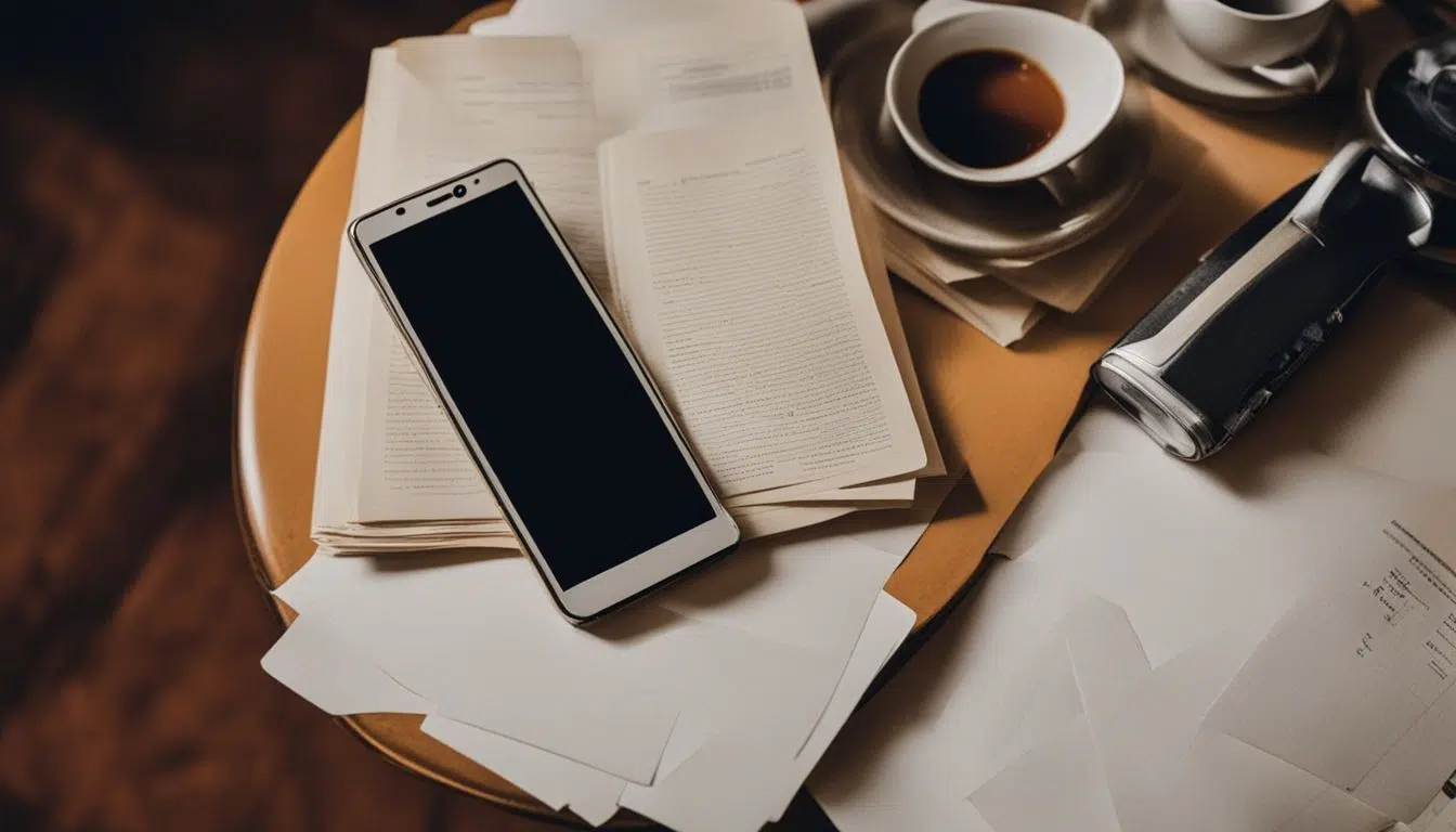 Un teléfono perdido en una mesa con papeles y café.