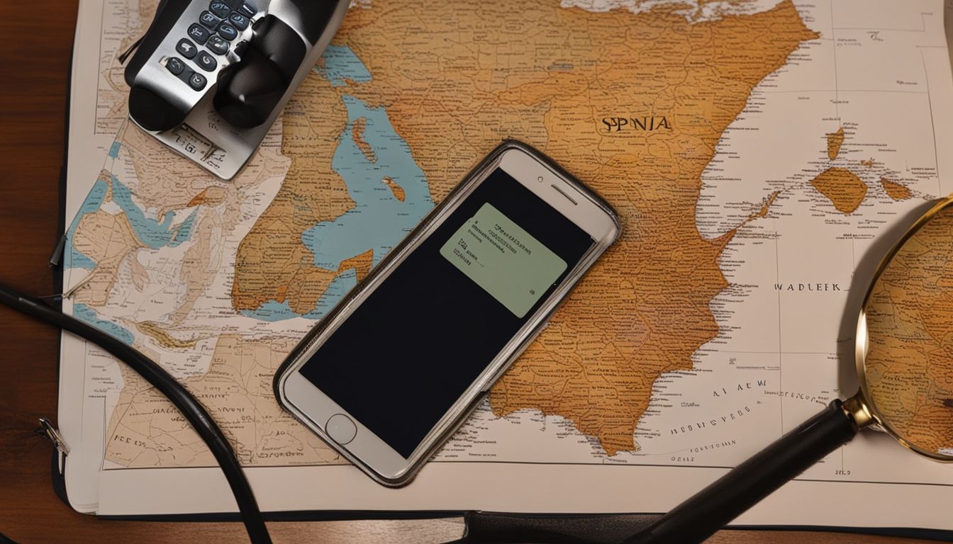 Un escritorio desordenado con map de España, documentos legales y lupa.
