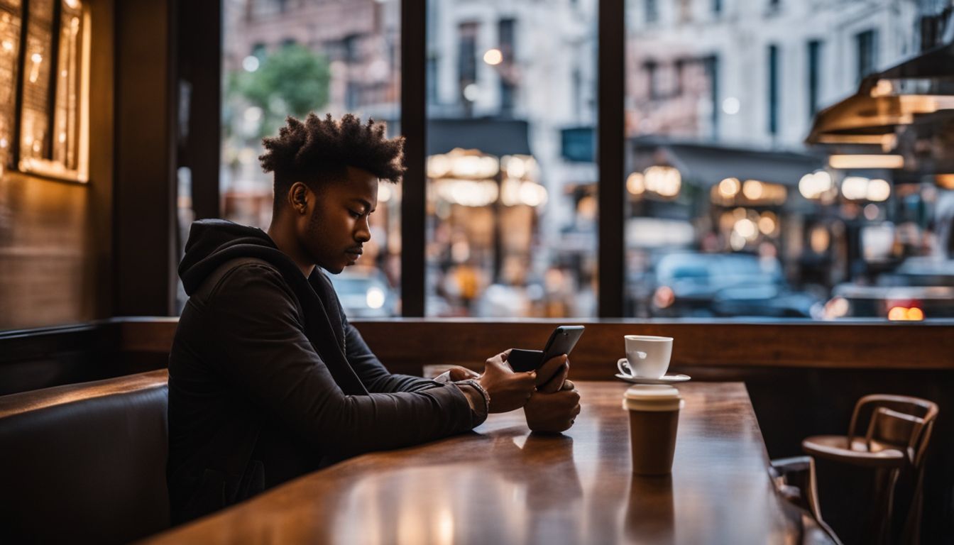 Una persona preocupada revisando su teléfono en una cafetería.