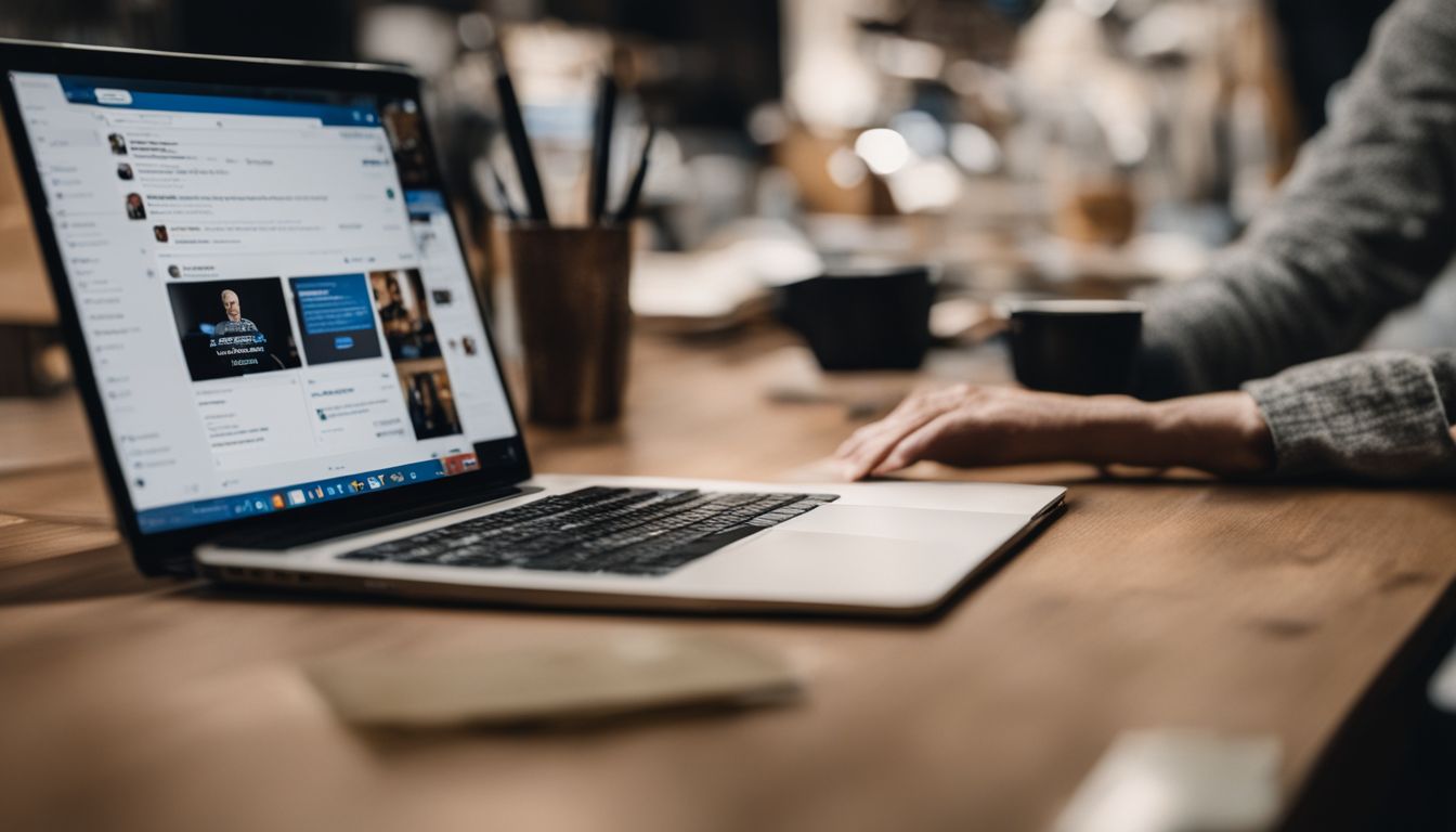 'Persona buscando perfiles en LinkedIn en una habitación desordenada.'