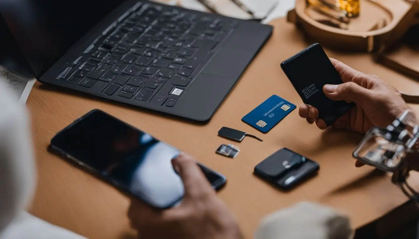 Persona insertando una tarjeta de memoria en un smartphone en casa.