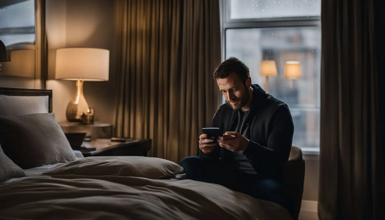 Un hombre de mediana edad usando la aplicación Find My Device en un día lluvioso.