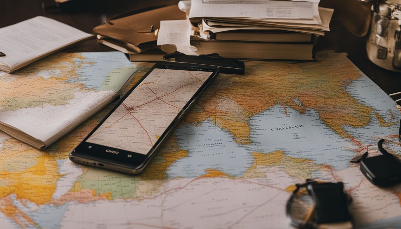 Un teléfono Android perdido en un escritorio desordenado con mapa digital.