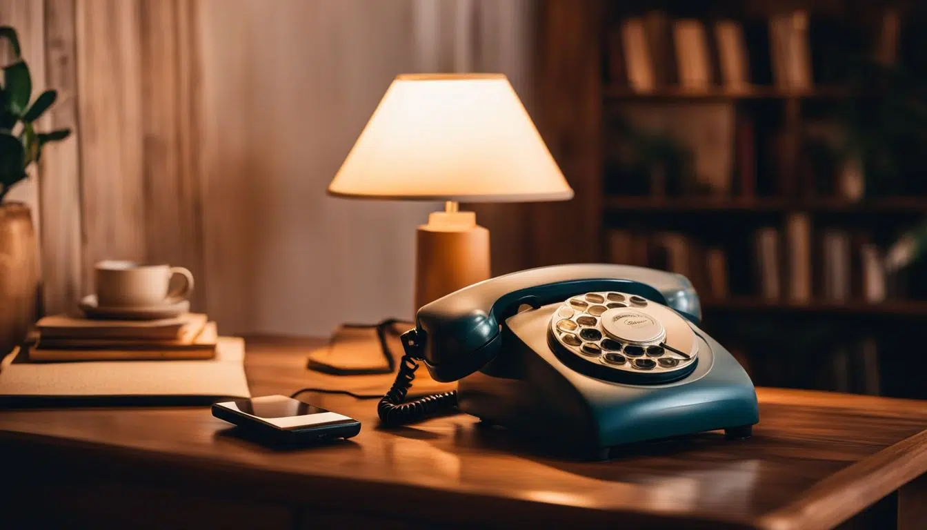 Un teléfono de disco vintage junto a un teléfono inteligente moderno.