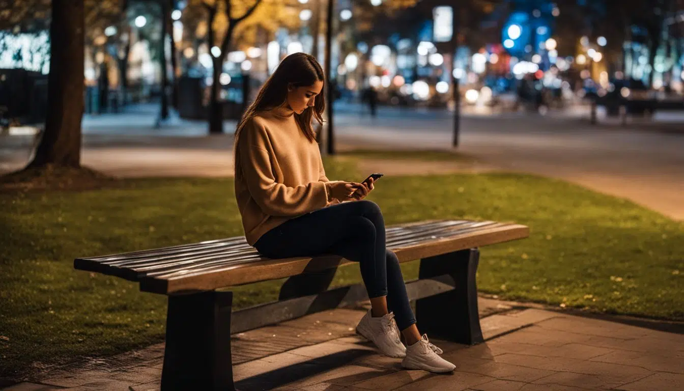 Joven mujer usando aplicación de rastreo en el parque.